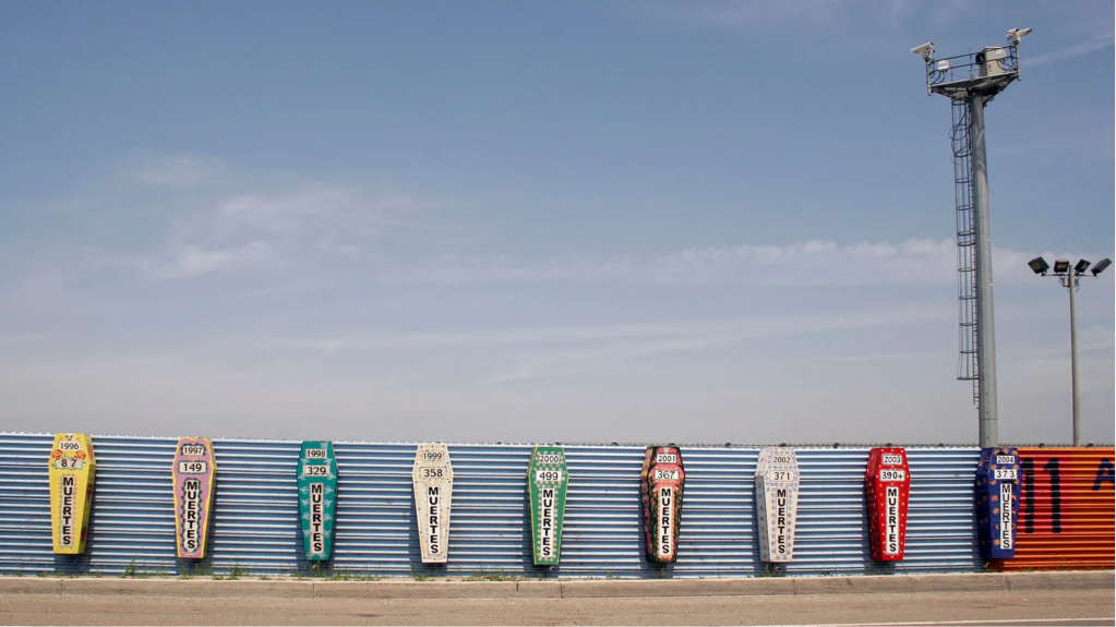 A monument at the Tijuana-San Diego border for those who have died attempting to cross. Each coffin represents a year and the number of dead.